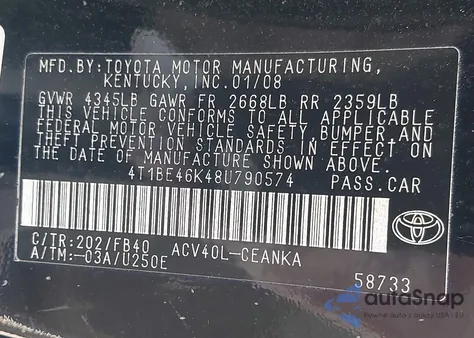 2008 Toyota Camry Le z USA, uszkodzony, nr VIN 4T1BE46K48U790574